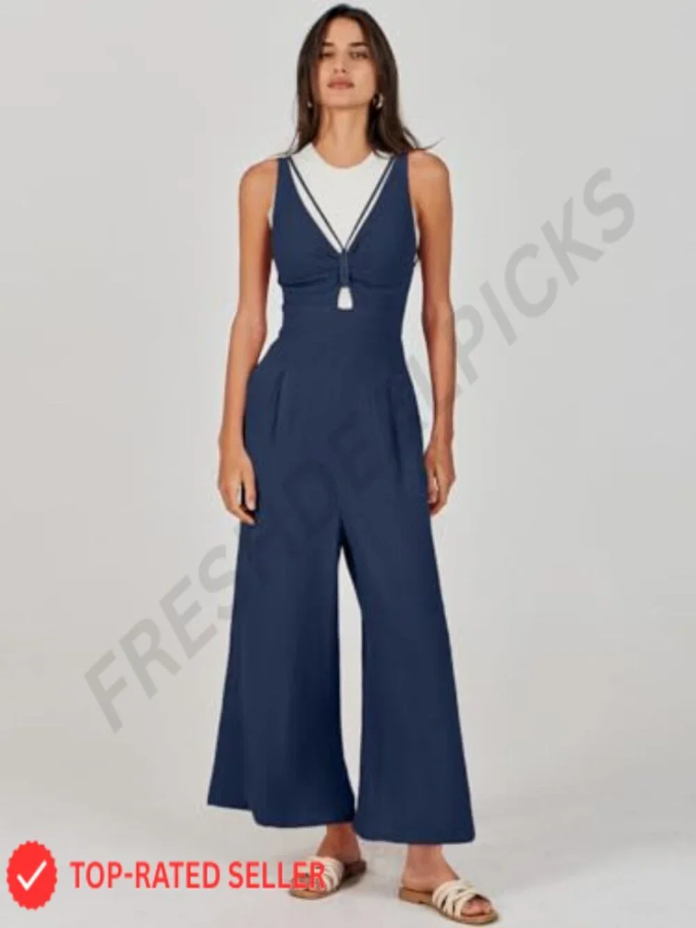 Women's Linen Blend Wide Leg Sleeveless Jumpsuit V-Neck Cutout High Waist Romper